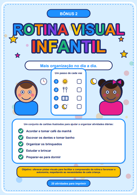Capa do bônus 2: Rotina Visual Infantil, com duas crianças, cartões de rotina ilustrados, lista de atividades diárias e objetivo impresso.